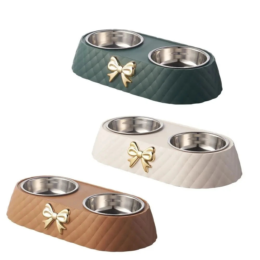 Pet Supplies Bow-tie Bowknot Cat or Dog Food Bowl. Stainless Steel Double Bowl. Pet Accessories Feeding Drinking Double Bowl