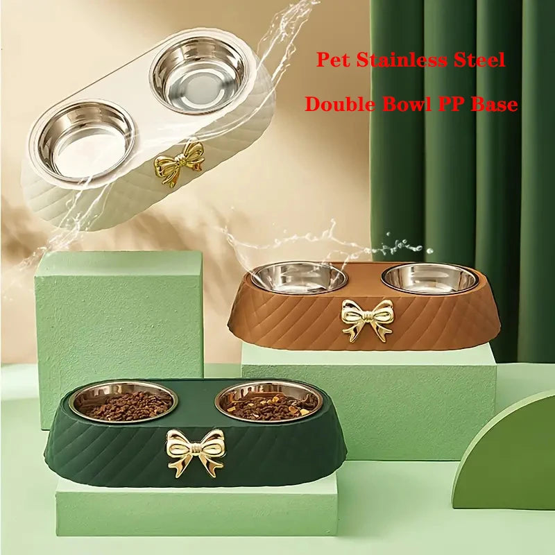 Pet Supplies Bow-tie Bowknot Cat or Dog Food Bowl. Stainless Steel Double Bowl. Pet Accessories Feeding Drinking Double Bowl