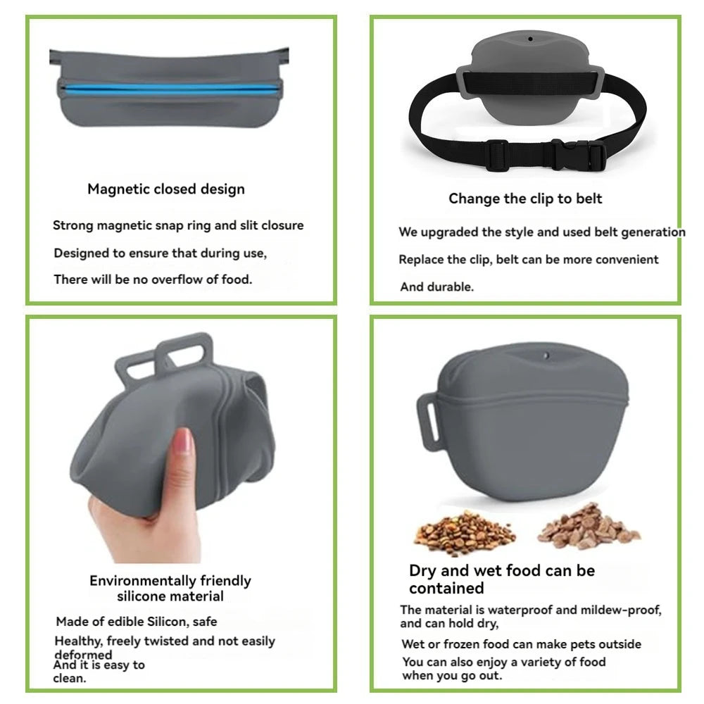 Silicone Dog Treat Bag. Portable Dog Training Waist Bag. Snack Reward Storage Bag with Belt