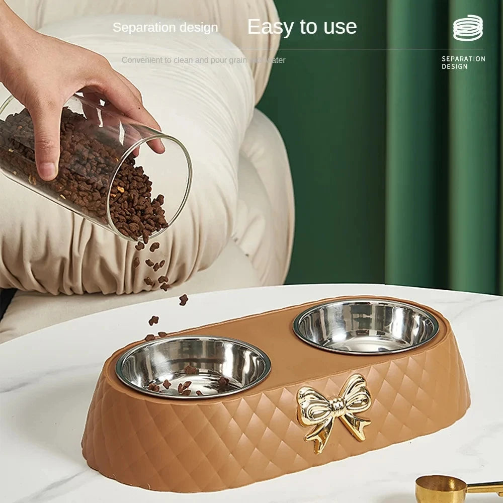 Pet Supplies Bow-tie Bowknot Cat or Dog Food Bowl. Stainless Steel Double Bowl. Pet Accessories Feeding Drinking Double Bowl