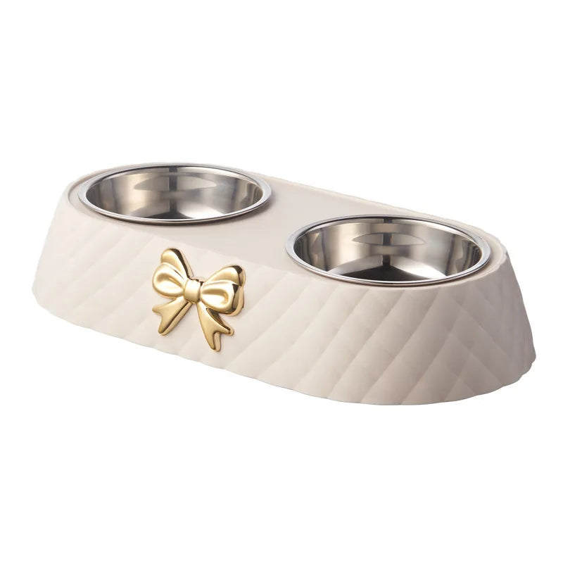 Pet Supplies Bow-tie Bowknot Cat or Dog Food Bowl. Stainless Steel Double Bowl. Pet Accessories Feeding Drinking Double Bowl