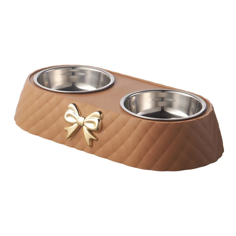Pet Supplies Bow-tie Bowknot Cat or Dog Food Bowl. Stainless Steel Double Bowl. Pet Accessories Feeding Drinking Double Bowl