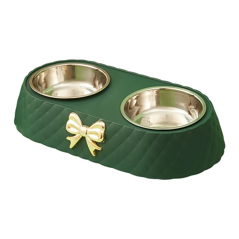 Pet Supplies Bow-tie Bowknot Cat or Dog Food Bowl. Stainless Steel Double Bowl. Pet Accessories Feeding Drinking Double Bowl