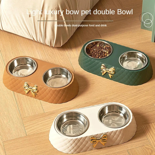 Pet Supplies Bow-tie Bowknot Cat or Dog Food Bowl. Stainless Steel Double Bowl. Pet Accessories Feeding Drinking Double Bowl