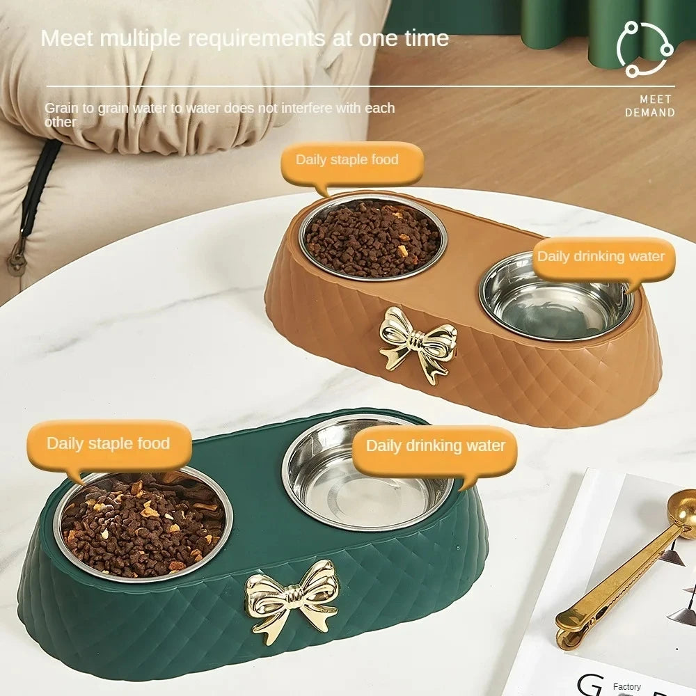Pet Supplies Bow-tie Bowknot Cat or Dog Food Bowl. Stainless Steel Double Bowl. Pet Accessories Feeding Drinking Double Bowl